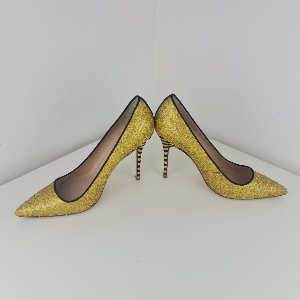 J.Crew Women Roxie Black Gold Glitter Striped Heels Party Size 9 Leather - Picture 5 of 16